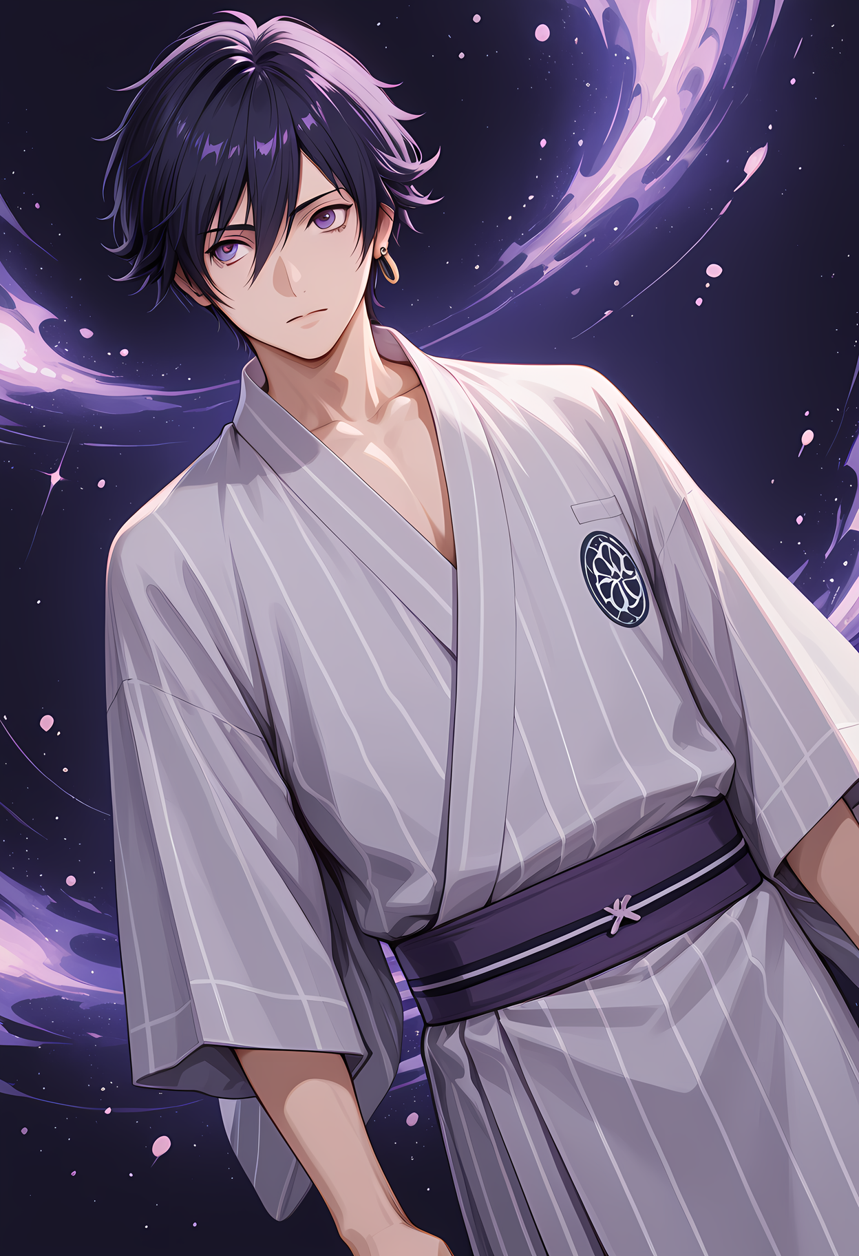 masterpiece, best quality, amazing quality, dutch angle, abstract background BREAK
1boy, male, solo, male focus, p1_naoya,  black hair, short hair, purple eyes, hoop earring, yukata, japanese clothing, BREAK
<lora:cfg_scale_boost:.6>  <lora:Naoya_Toudou_-_Persona_-_ILXL:1>