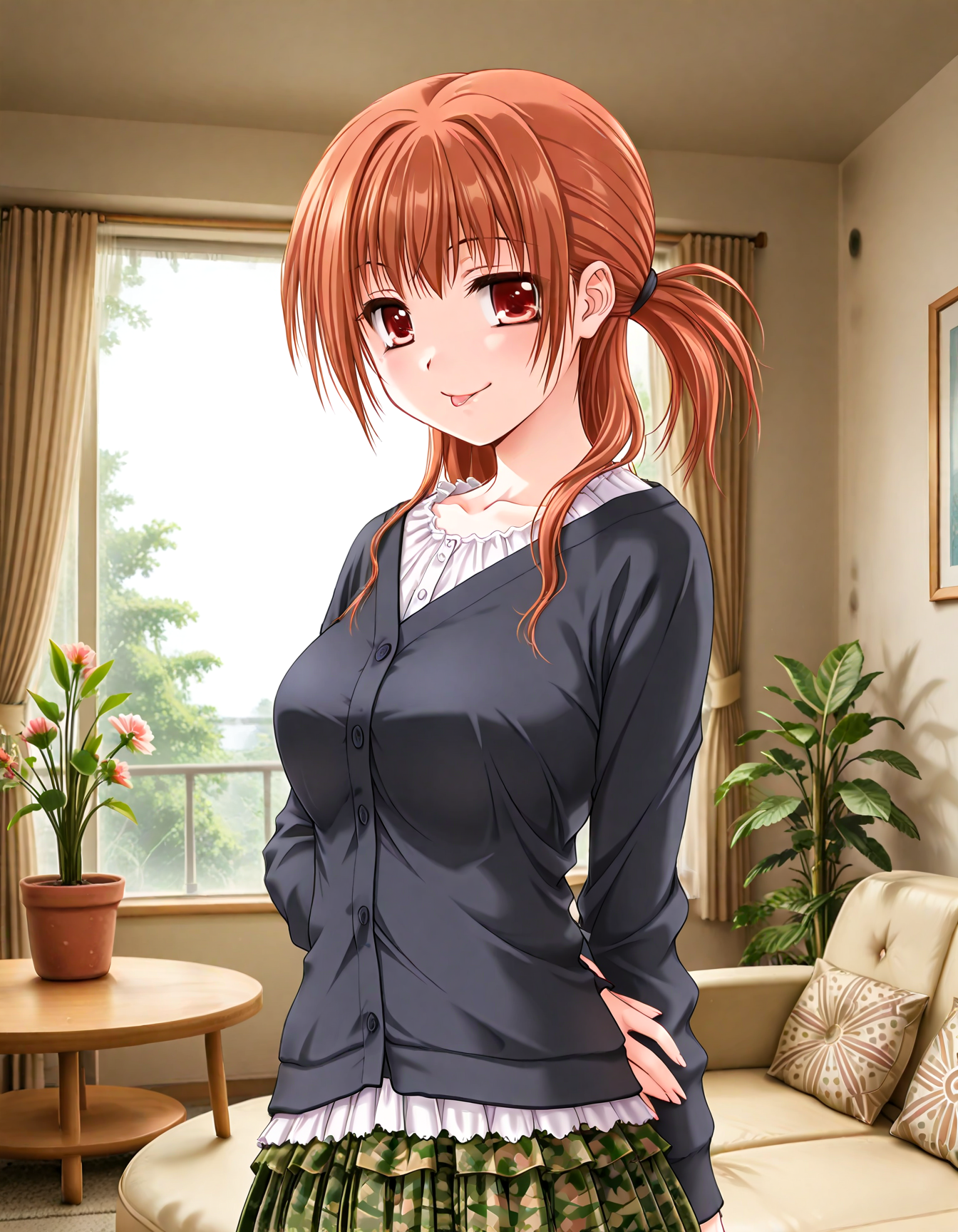 (1girl, solo:1.3), (2girls, 3girls, 4girls, multiple girls, 2boys, 3boys, 4boys, multiple boys:-1.5) <lora:Kazuyagi_Akane_Gore_Screaming_Show_Illustrious:0.9>, Kazuyagi_Akane, large breasts, red eyes, brown eyes, brown hair, long hair, low ponytail, cardigan, black cardigan, long sleeves, blouse, white blouse, green skirt, camouflage, white legwear, smile, (tongue out:0.7), (half-closed eyes:0.7), general, contrapposto, dynamic pose, arms behind back, upper body, from side, pov, , (close-up, face focus:1.2), indoors, living room, couch, cushion, round table, window, outdoor view, curtains, (green theme:1.2), plant, potted plant, flower, (perspective:0.7), <lora:NOOB_EPSv1_1_detailer_by_vlnvk_v1_0:1.5>, (photo background:0.7), night, (tachibana yuu:0.6), inue shinsuke, (kazuma muramasa:0.0), saikawa yusa, (aoi manabu:0.6), abarerumidori, (suzui narumi:0.6), masterpiece, newest, absurdres, 8K, anime screenshot, anime coloring, flat color, official art, film grain, <lora:illustriousXLv01_stabilizer_v1.185c:0.7>, <lora:LECO_Solo:-4.0>,