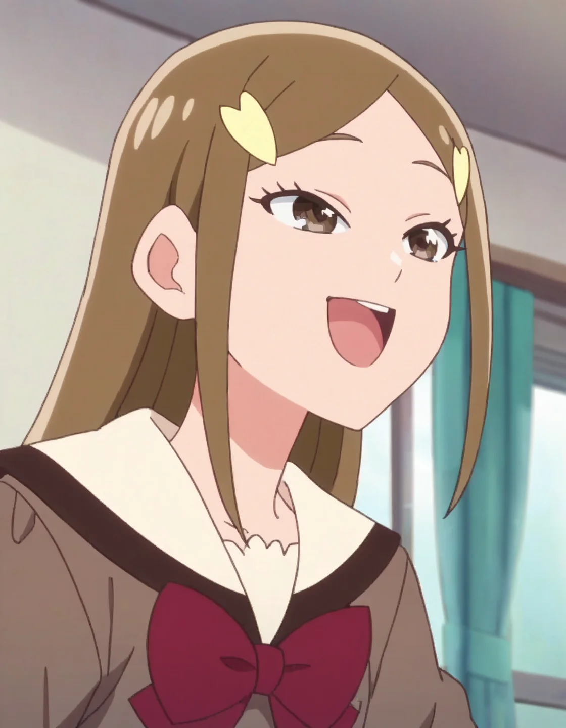 score_9, score_8_up, score_7_up, anime screencap, solo,1girl,kitzunezaki, school uniform, hair ornament, open mouth, hairclip, smile, :d, serafuku, bow <lora:kitsunezaki:0.8>