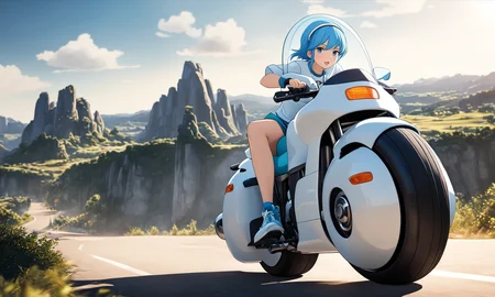 cartoon of woman riding large round motorcycle with a windshield, best quality, highly detailed, bokeh, blue hair, cool sneakers, <lora:cap9motosdxl:0.8>, beautiful landscape, cinematic lighting, photorealistic, cap9motosdxl, anime, bulma, vibrant colors,