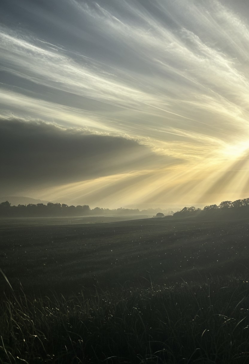 A reclining figure bathed in warm, golden light, their silhouette gradually merging with a field of pulsating, star-like forms that shimmer with hidden movement., minimalist, moody, atmospheric, foggy, high contrast, muted colors, cinematic, ethereal, surreal, centered composition, soft lighting, symmetrical framing, photographic style, dreamlike ambiance