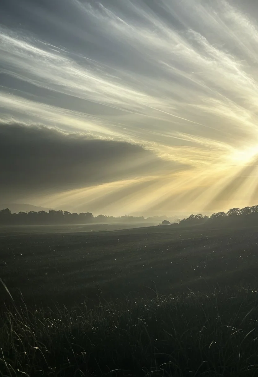 A reclining figure bathed in warm, golden light, their silhouette gradually merging with a field of pulsating, star-like forms that shimmer with hidden movement., minimalist, moody, atmospheric, foggy, high contrast, muted colors, cinematic, ethereal, surreal, centered composition, soft lighting, symmetrical framing, photographic style, dreamlike ambiance