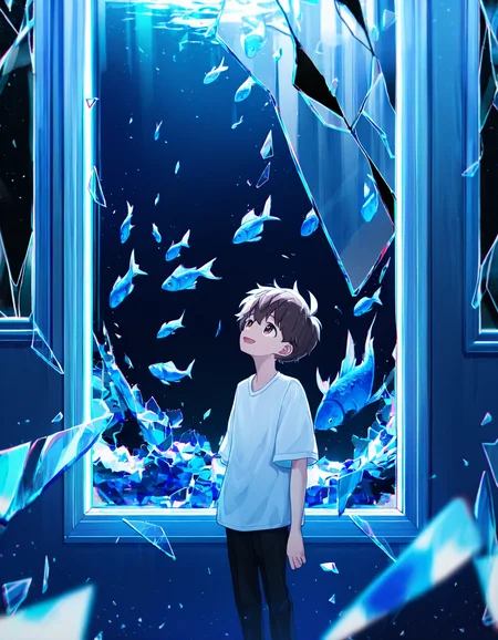 masterpiece, best quality, koemixpi-style, indoors, window, blue theme, film grain, wide shot, 1boy, solo, koe-inaho, brown hair, brown eyes, looking up, open mouth, smile, white shirt, black pants, fish, abstract, shattered glass, standing, depth of field, chromatic aberration <lora:koe-mixpi_naiXL_v3b_ShoAI:1>
