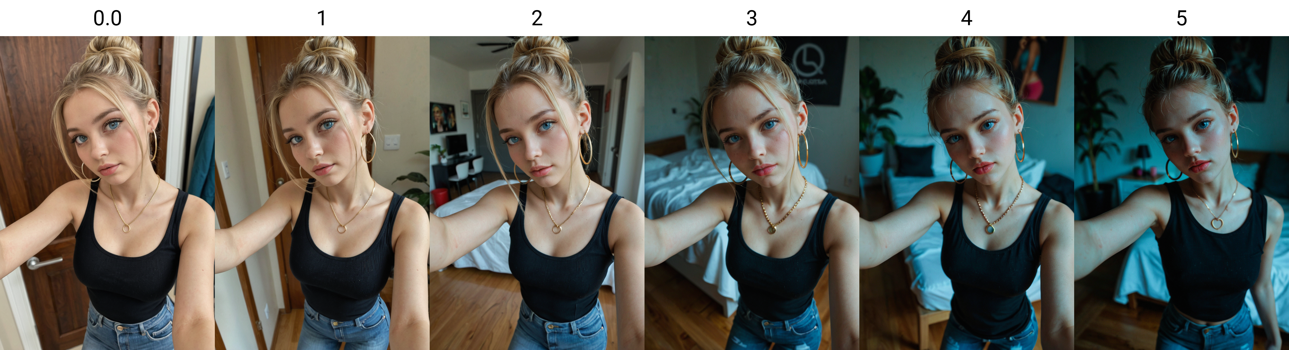 1girl, blonde hair, hair bun, bangs, blue eyes, glossy lips, parted lips, soft expression, natural makeup, earrings, hoop earrings, sleeveless shirt, black shirt, tight jeans, warm lighting, casual, selfie, looking at viewer, jewelry, necklace, high bun, soft skin, blush, cute girl, aesthetic room, intimate setting, realistic, masterpiece, best quality, highres
