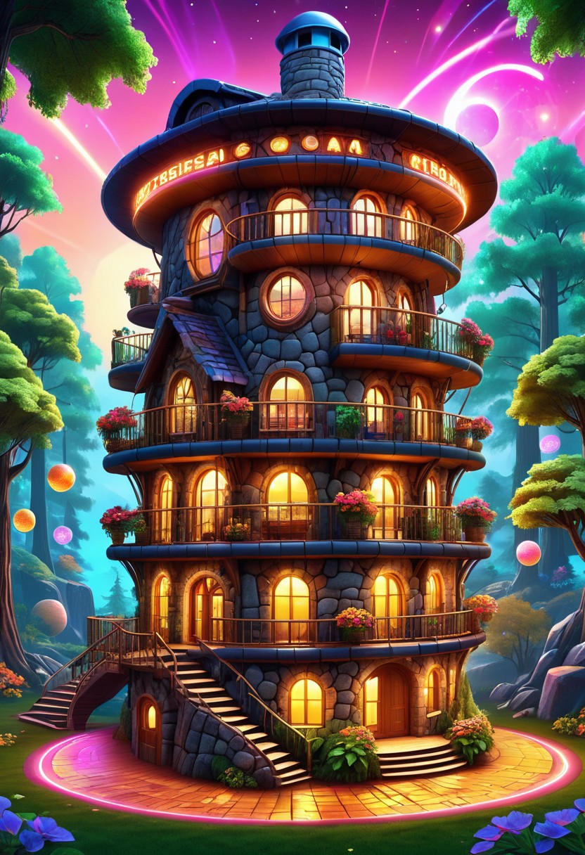 Disco-themed, high quality, masterpiece, forest scene, cute 3 storey stone round house, lots of windows, chimneys, flowers at the front, night time <lora:extremely_detailed:0.4> extremely detailed   <lora:BorkStyle:0.8> Jed-brk  <lora:CS3:0.8> Cyberspace, Digital Cyberspace theme, ((created by glowing magical energy in cyberspace)) , Vibrant, groovy, retro 70s style, shiny disco balls, neon lights, dance floor, highly detailed