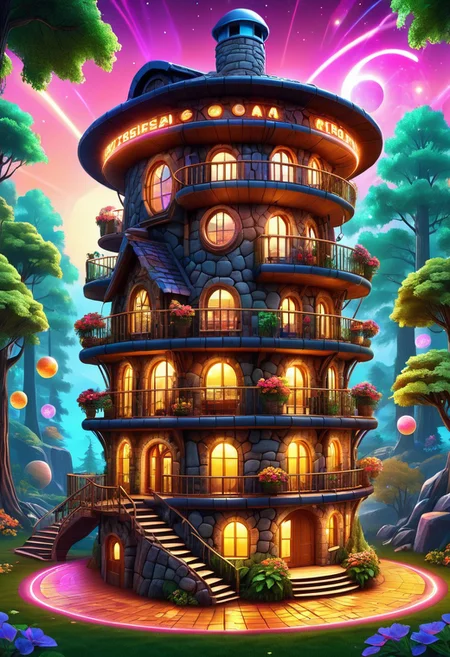 Disco-themed, high quality, masterpiece, forest scene, cute 3 storey stone round house, lots of windows, chimneys, flowers at the front, night time <lora:extremely_detailed:0.4> extremely detailed <lora:BorkStyle:0.8> Jed-brk <lora:CS3:0.8> Cyberspace, Digital Cyberspace theme, ((created by glowing magical energy in cyberspace)) , Vibrant, groovy, retro 70s style, shiny disco balls, neon lights, dance floor, highly detailed