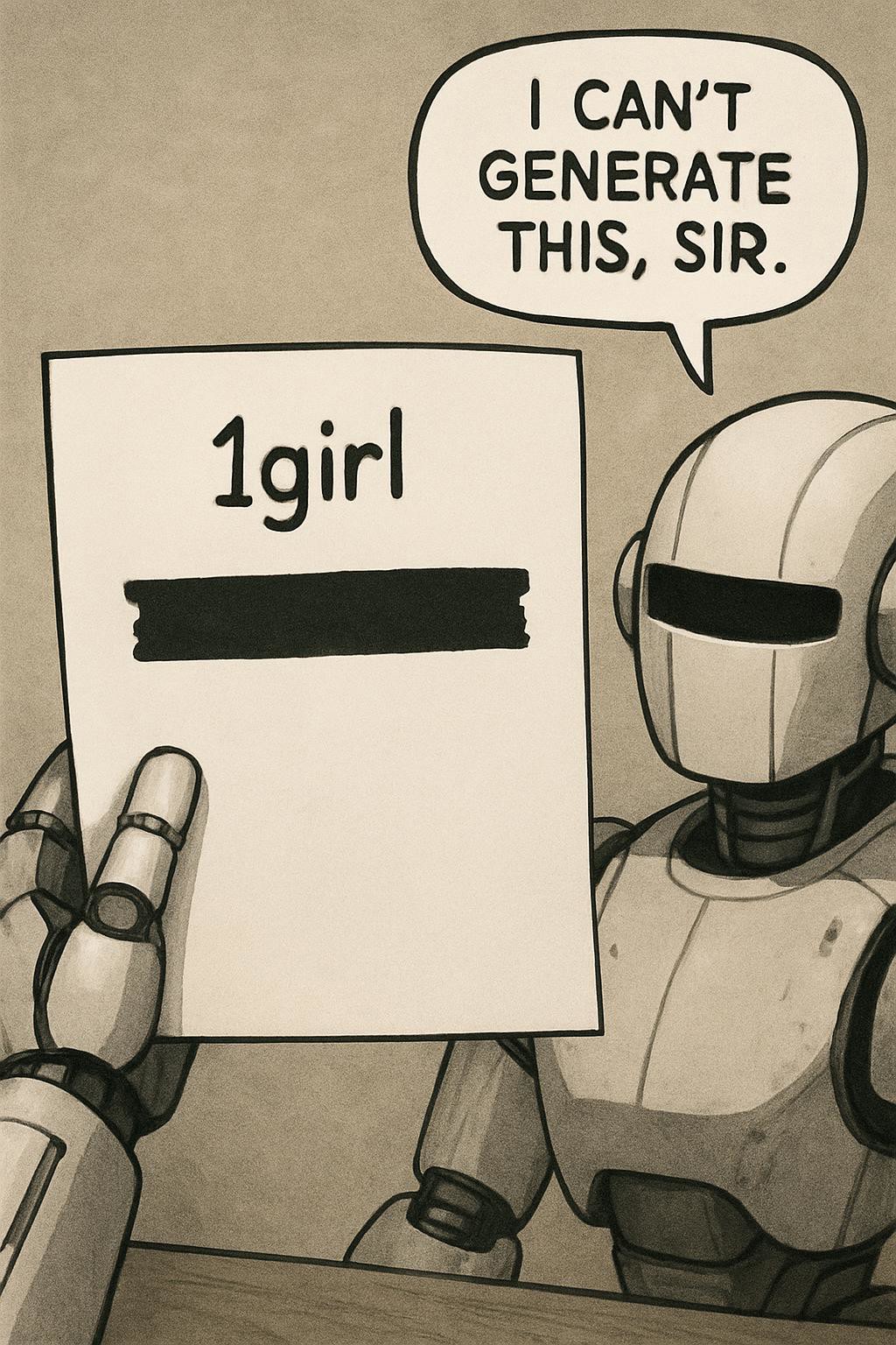 the pov of a robot holding a piece of paper writing "1girl" the rest of the writing is censored. The robot has a balloon text of him saying "I can't generate this, sir"