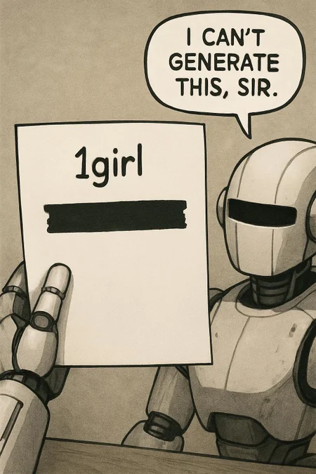 the pov of a robot holding a piece of paper writing "1girl" the rest of the writing is censored. The robot has a balloon text of him saying "I can't generate this, sir"