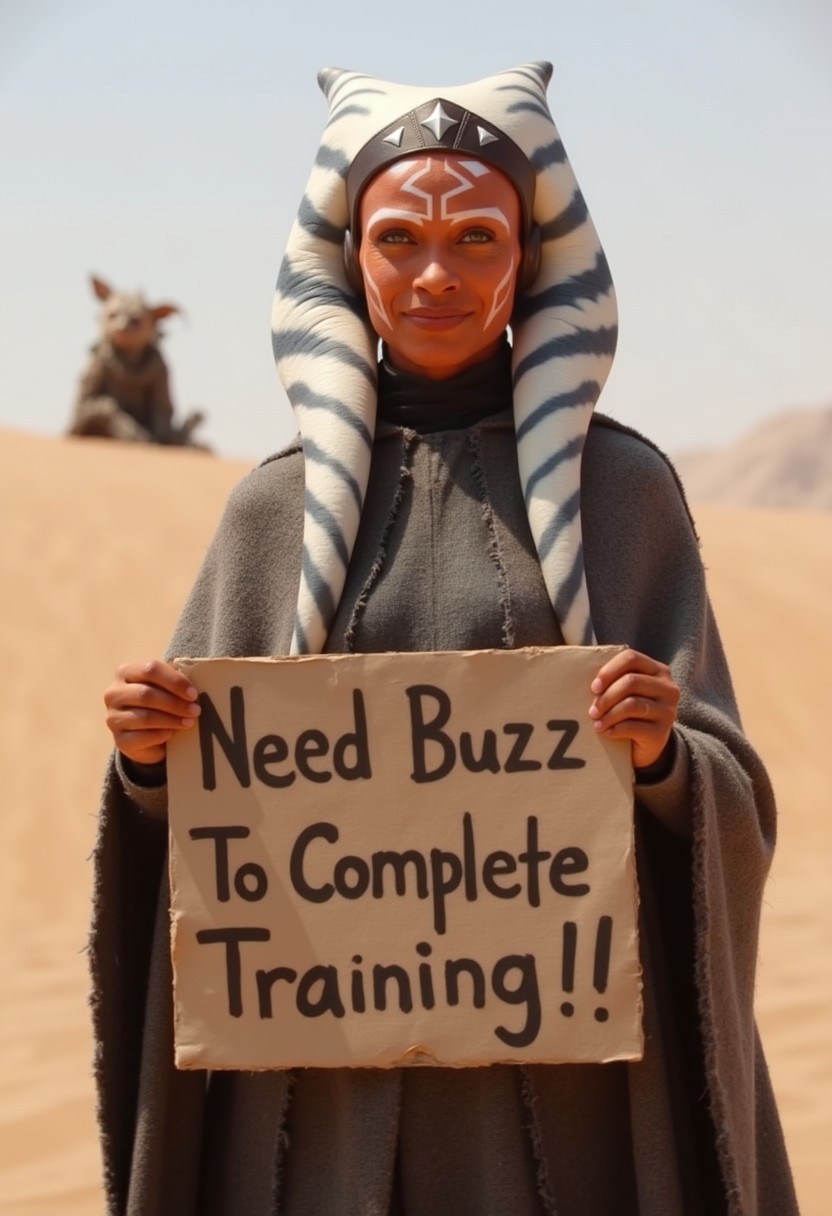ahsokaflux, ahsoka on Tatooine holding up a sign that reads "Need Buzz To Complete Training", she is smiling, there is a bantha off in the distance on top of a dune
