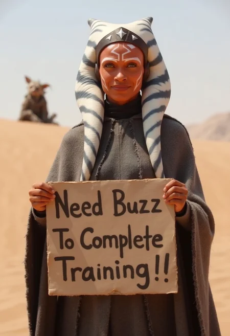 ahsokaflux, ahsoka on Tatooine holding up a sign that reads "Need Buzz To Complete Training", she is smiling, there is a bantha off in the distance on top of a dune