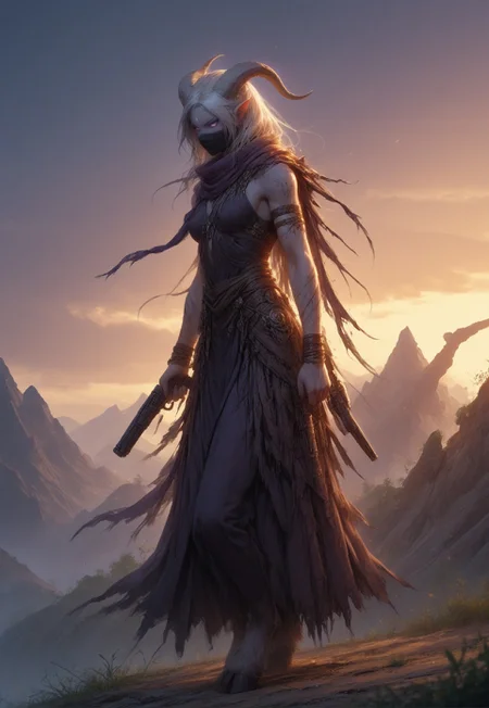 (absurdres, best quality, masterpiece:1.4), score_9, score_8_up, score_7_up, score_6_up, detailed, detailed body, detailed face, world of warcraft, fantasy, <lora:add-detail-xl:1.5>,
fFaceDetail, SkinDetail, ((female, draenei, tall, athletic arms, pale white skin, smooth skin, long white hair, purple eyes, no pupil, no sclera, long white tail), (h0rns, ram horns, white horns),
(long fingers, purple fingernails, purple nail polish)),
(long loose purple dress, simple armlet, black facemask, purple silk scarf), GunMonk, shotgun, holding shotgun,
full body, side view
outdoor, evening, mountains,