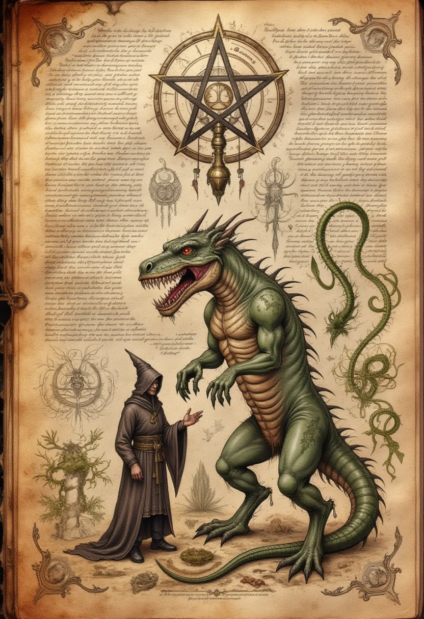<lora:codex_arcanum_v20-360:1>, spllbkpg, An ancient parchment, frayed at the edges, displays a scene of a towering beast with reptilian features. Its elongated snout is filled with jagged teeth, and its muscular body is partially covered in scales. Standing to its side, a cloaked sorcerer gestures as though commanding the beast. Above them, an intricate pentagram encircles a serpent consuming its tail, symbolizing eternity. Encircling the illustration are swirling glyphs and symbols that seem to shift and intertwine, suggesting an incantation at work. The weathered texture of the page, combined with the delicate ink strokes, evokes a sense of an ancient spellbook.