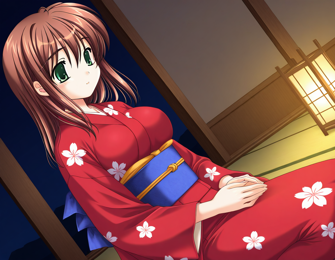 general,highres, ultra-detailed,very aesthetic,best quality ,best hands,  BREAK <lora:Yotsutani_Asako_IS:1>YotsutaniAsako, 1girl,solo, brown hair, green eyes, large breasts, long hair,
1girl, solo, japanese clothes, kimono, sitting, long sleeves, red kimono, sash, obi, dutch angleã