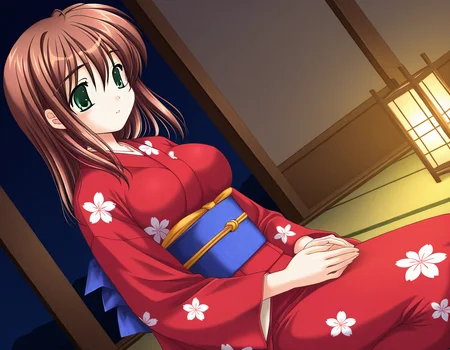general,highres, ultra-detailed,very aesthetic,best quality ,best hands, BREAK <lora:Yotsutani_Asako_IS:1>YotsutaniAsako, 1girl,solo, brown hair, green eyes, large breasts, long hair,
1girl, solo, japanese clothes, kimono, sitting, long sleeves, red kimono, sash, obi, dutch angleã