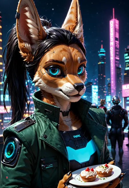 score_9, score_8_up, score_7_up, score_6_up, photorealistic, epiCPhotoGasm-colorfulPhoto, Realistic, highres, super high resolution, 8k, photo, furry, Furry, anthro, fur, male, fennec, brown fur, implanted eyes, robot face, robot face, he has silver plate on the head, implanted forehead, blue glowing eyes, metal head, silver forehead, metal eyes, sad, long black hair gathered in a long ponytail, ponytail, the sides of the head are clean-shaven, black hair, metallic head, silver thin helmet, metal face, he has implanted face, close-up, long dark green thick coat, green coat, black leather shirt, black tight pants, long black hair, implants, implant eye, robot, furry, cyberpunk, night, cyber city, cyberpunk city, metallic eyes, metallic fur, robot, thin body, night, city, cyberpunk city, cyberpunk, realistic, detailed, detailed fur, he holding the hand of the viewer, holding viewer hand,