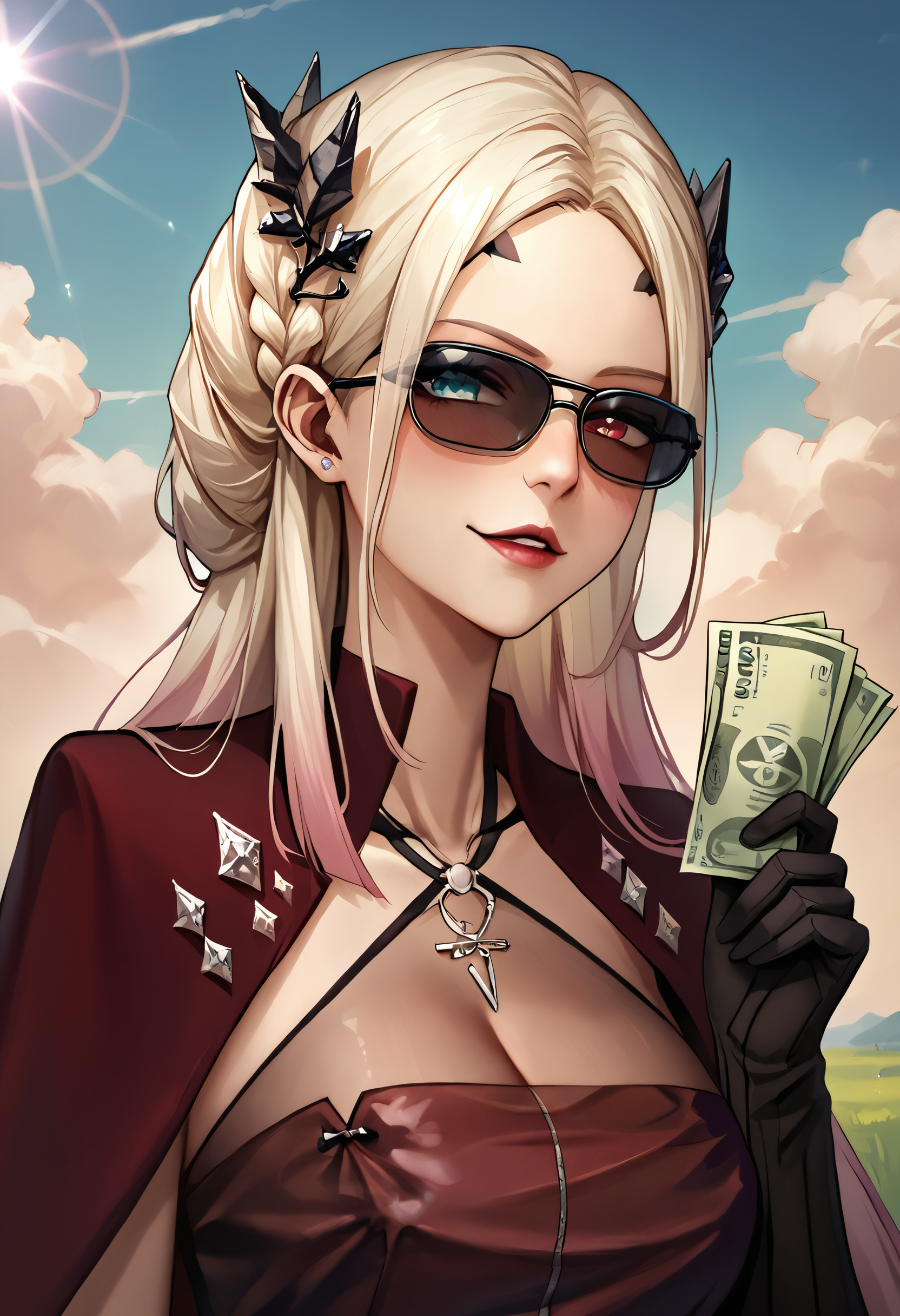 score_9,score_8_up,score_7_up,  <lora:eireneptn-ponyxl-beta4-alt-12:1>, EirenePTN, platinum blonde hair, long hair, braided bun, gradient hair, black hair ornament, forehead mark, makeup, necklace, halterneck, sleeveless red dress, cleavage, see-through, red cape, single elbow glove, black glove, large breasts, sunglasses, hidden eyes, smug, smirk, parted lips, blush, hand up, holding money, doyagao, mature female, lips, nose, close-up, bust portrait, outdoors, lens flare, heterochromia, glint, sparkle, filthy rich,
