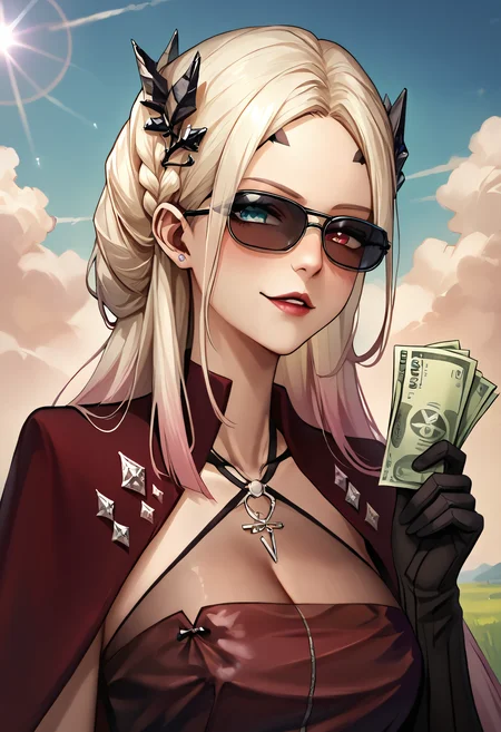 score_9,score_8_up,score_7_up, <lora:eireneptn-ponyxl-beta4-alt-12:1>, EirenePTN, platinum blonde hair, long hair, braided bun, gradient hair, black hair ornament, forehead mark, makeup, necklace, halterneck, sleeveless red dress, cleavage, see-through, red cape, single elbow glove, black glove, large breasts, sunglasses, hidden eyes, smug, smirk, parted lips, blush, hand up, holding money, doyagao, mature female, lips, nose, close-up, bust portrait, outdoors, lens flare, heterochromia, glint, sparkle, filthy rich,