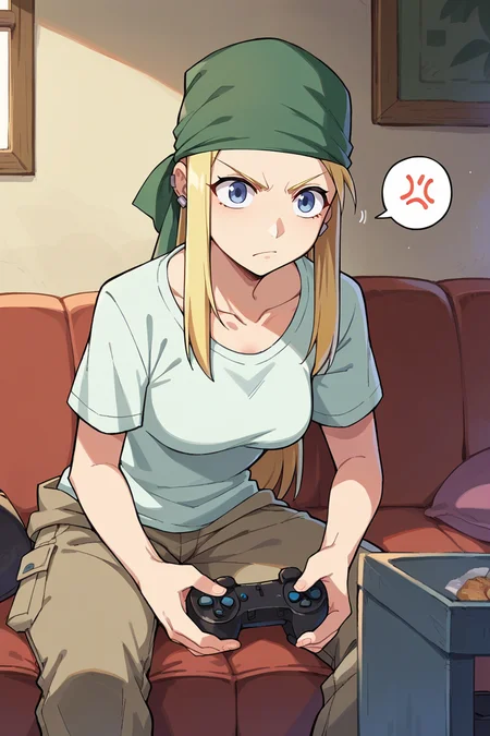 score_9, score_8_up, score_7_up, score_6_up, source_anime BREAK 1girl, <lora:winry-pdxl-nvwls-v1-000006:1> winry rockbell, blonde hair, earrings, green bandana, white t-shirt, cargo shorts, couch, sitting, holding game controller, serious, leaning forward, spoken anger vein