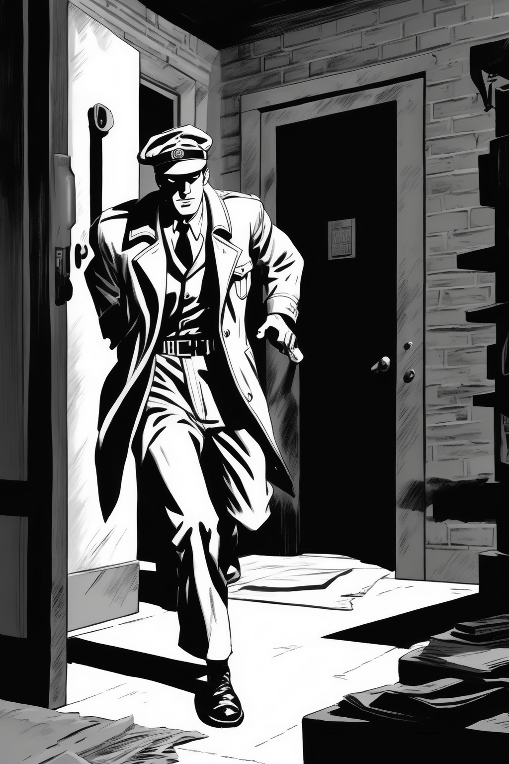 <lora:Will Eisner Style:1>Will Eisner Style - a spy sneaking into an enemy headquarters in WWII. Black and white. A scene from a spy novel
