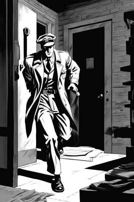 <lora:Will Eisner Style:1>Will Eisner Style - a spy sneaking into an enemy headquarters in WWII. Black and white. A scene from a spy novel