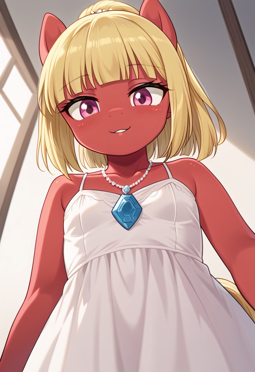 score_9, r0ug3, white dress, necklace, source_pony, ntm, <lora:pec-pov-ponyxl-lora-nochekaiser:1> pec pov, pec pov (meme), meme, looking down, from below,
