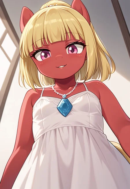 score_9, r0ug3, white dress, necklace, source_pony, ntm, <lora:pec-pov-ponyxl-lora-nochekaiser:1> pec pov, pec pov (meme), meme, looking down, from below,