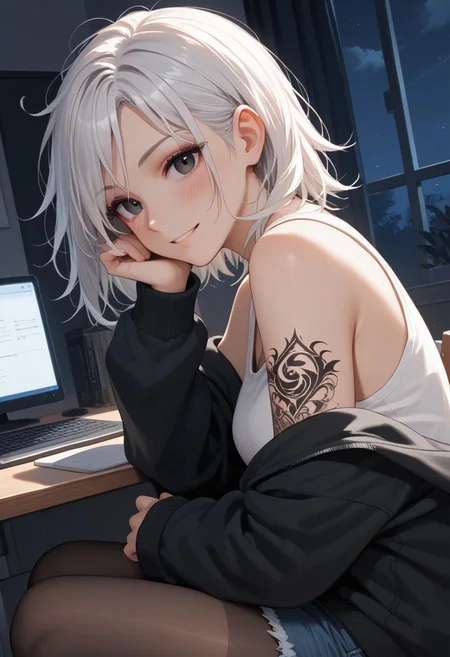 score_9, score_8_up, score_7_up, 26 years old,, zPDXL3, 1girl, solo, medium breasts, white hair, (from side),
(face focus, close-up:1.4), eyeshadow, tattoo on arm,
black eyes, medium hair, messy hair, dutch angle, chair, (white tanktop, black hoodie, bare shoulders), denim shorts, pantyhose, indoors, computer desk, sitting behind desk, night, desk light, relaxed, bedroom, (smile, happy:0.8), blush, looking at viewer,