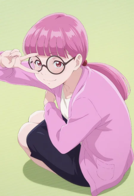 anime screencap, anime coloring, 1girl,  solo,    <lora:DX888TerukoIL:1> matsubara teruko, red eyes,freckles, pink hair, long hair, low ponytail, glasses, pink blazer, white shirt, pencil skirt, BREAK green background, striped background, BREAK dutch angle,  from above, dynamic pose, posing, smile,       v over eye, fetal position,