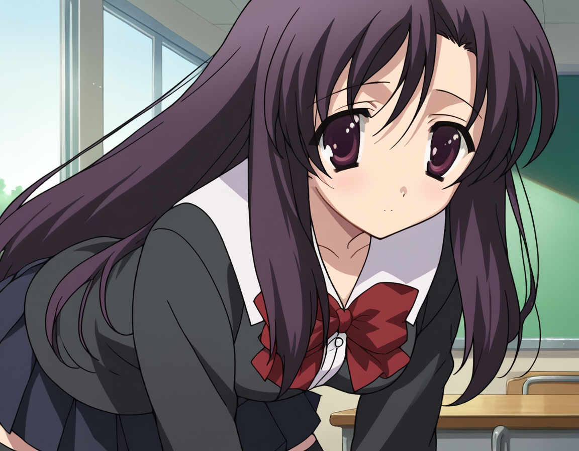 score_9, score_8_up, score_7_up, source_anime,
kotonohakatsura, <lora:kotonoha-katsura-ponyxl-lora-nochekaiser:1>,
kotonoha katsura, purple eyes, black hair, long hair,
black thighhighs, bow, red bow, school uniform, skirt, thighhighs, zettai ryouiki,
indoors, classroom, bent over,
looking at viewer, cowboy shot,