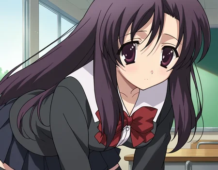 score_9, score_8_up, score_7_up, source_anime,
kotonohakatsura, <lora:kotonoha-katsura-ponyxl-lora-nochekaiser:1>,
kotonoha katsura, purple eyes, black hair, long hair,
black thighhighs, bow, red bow, school uniform, skirt, thighhighs, zettai ryouiki,
indoors, classroom, bent over,
looking at viewer, cowboy shot,