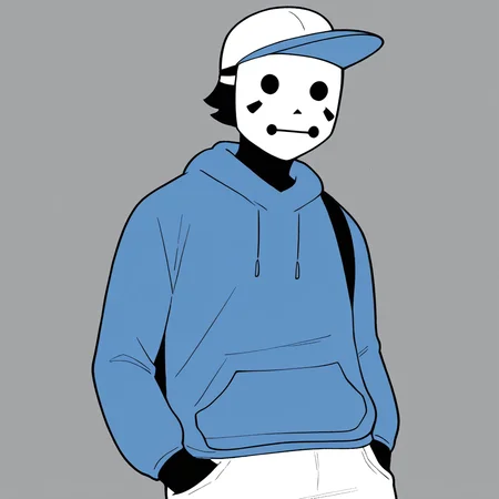 <lora:MaskGuyMDv1.0:0.8> (zPDXL2), score_9, score_8_up, score_7_up, source_cartoon, mask guy (mime and dash), 1boy, solo, human, black skin, baseball cap, short hair, black hair, mask, blue hoodie, blue drawstrings, long sleeves, black backpack, white shorts BREAK full body, standing, hands in pockets BREAK flat colors, best anatomy
