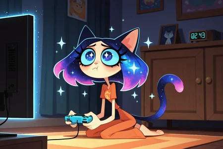 solo, cute girl, cat ears, cat tail, long eyelashes, cosmic hair, sparkles in eyes, narrow eyes, narrow waist, pout, kneeling,room, playing on gamepad at the tv, gaming, looks at tv,
ch1ldcn, <lora:ChildCartoon-illustrious:1>