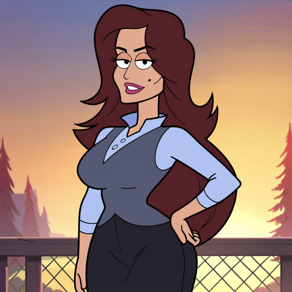 score_9, score_8_up, score_7_up, 1girl, brown hair, long hair, mole under eye, dark-skinned female, makeup, large breasts, narrow waist, wide hips, looking at viewer, hand on own hip, highres, high quality, masterpiece, <lora:Shandra_Jimenez:1>