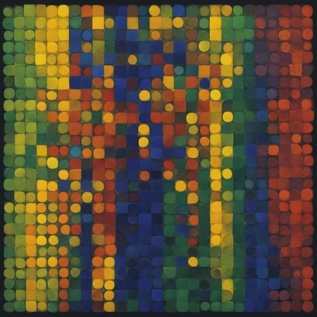 alchemy machine Le Parc a rainbow colored set of particles thar rain down and bounce on some rectangles abstraccion geometrica, blue, yellow, green, red, alchemy, alquimias, particles, particulas, dark background <lora:LeParc_AI_LoRA_XL_v2.1:1>