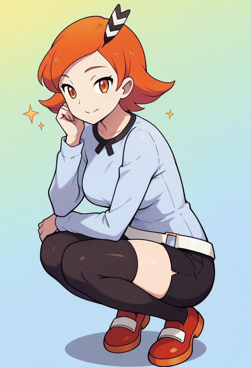 2d, masterpiece, best quality, amazing quality, 1girl, solo, close-up, squatting, smile, full body, leaning_forward, looking at viewer, multicolored background, sparkle, gradient background, colorful background, green background, blue background, bavi, orange hair, short hair, bangs, hair ornament, orange eyes, shirt, light blue shirt, long sleeves, black shorts, white belt, black thighhighs, shoes, red footwear, (mature female, adult body, grown up, aged up)