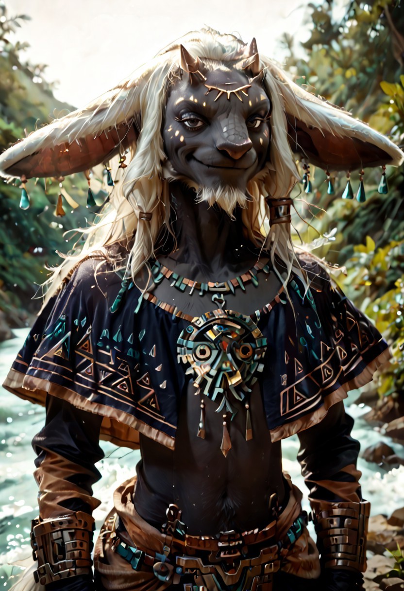 score_9, score_8_up, score_8, score_7_up, rauru totk, anthro, scalie, 1boy, solo, zonai, white hair, dark fur, athletic,  sexy pose, smug, cinematic, photorealistic, hyperrealism, real life, hi res, extreme detail, masterpiece, best quality, fur