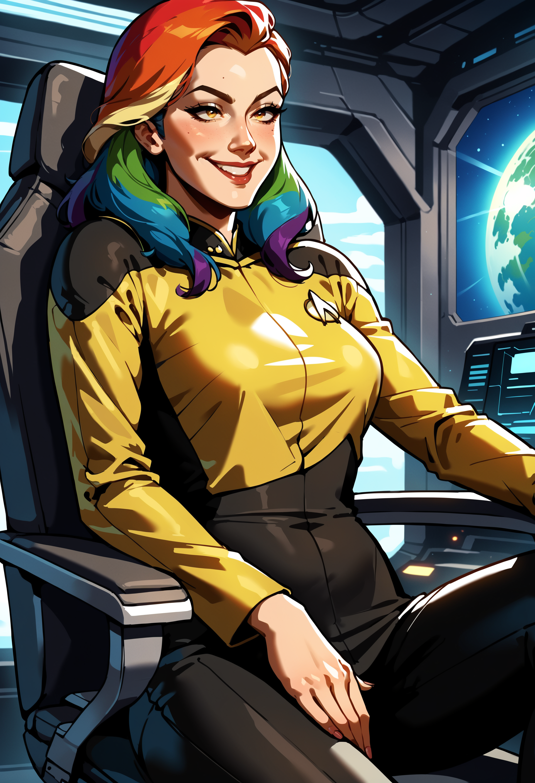 score_9, score_8_up, score_7_up, 1girl,rainbow hair,sitting,command chair,spaceship,suns,screens,technology,smiling,metal chair,
sttng1,star trek yellow uniform,black shoulders,black pants,long sleeves
,<lora:TNGS1-000030>