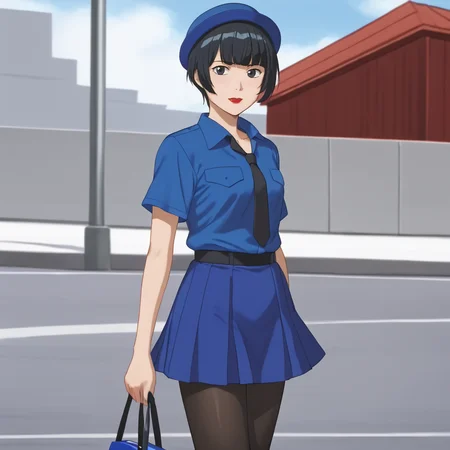 <lora:Yuka_pony_v1:.7> YukaPurpleShirt, 1girl, solo, short hair, black hair, makeup, lipstick, black eyes, blunt bangs,  cowboy shot,  <lora:0820 tokisaki kurumi policewoman fan costume_v1_pony:1> ruanyi0820,black necktie,blue hat,blue shirt,blue skirt,black pantyhose,short sleeves,skirt