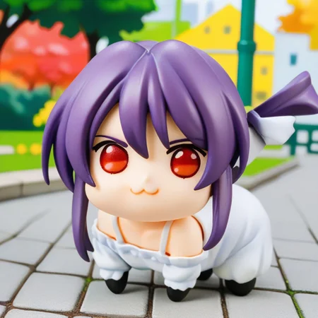 score_9, score_8_up, score_7_up, best quality, source_anime,  1girl, solo, takabe,red eyes, purple hair,doro, creature, :3, chibi, no humans,white skin,four legs,all four, solid circle eyes, no pupils,park,simple background