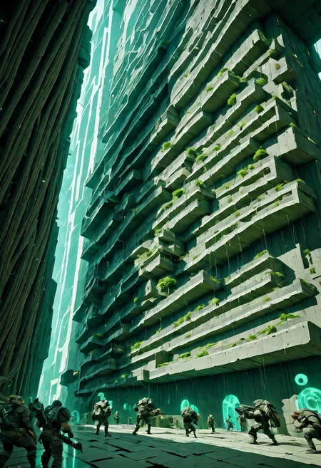 (Screen print:1.3) cinematic aerial view of a sprawling metro-plex city. focused on busy canal leading to the shattered stone circle in the middle of the city. dynamic camera, dark scifi, ((masterpiece,best quality)),  ((electricity)), green glow, amber theme:1.3 cyberpunk,  neo-aztec, great lighting, hard shadows vertical, great lighting, vertical, great lighting, shadowrun_character, shadowrun_dungeon, shadowrun_surface, shadowrun_dungeon_party, shadowrun_party, cyberpunk, netrunner, enforcer, shaman, oni, courier, neo-aztec, high-tech lowlife, masculine, feminine, Stacked