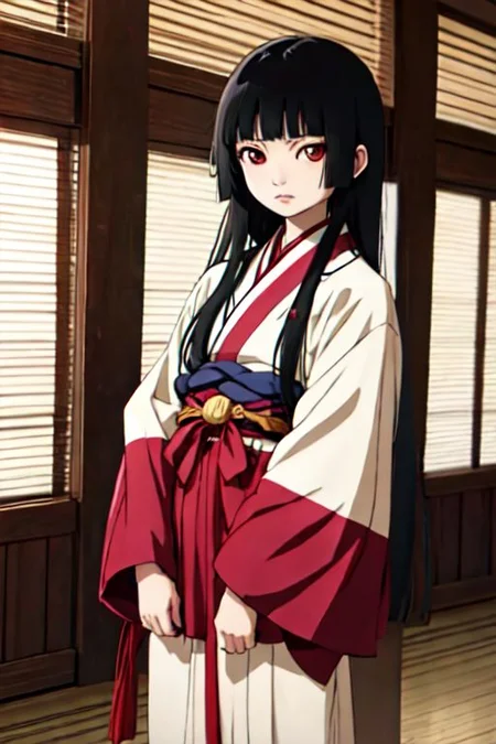 enma_ai furisode, obi, black hair, long hair, indoors, cowboy shot,