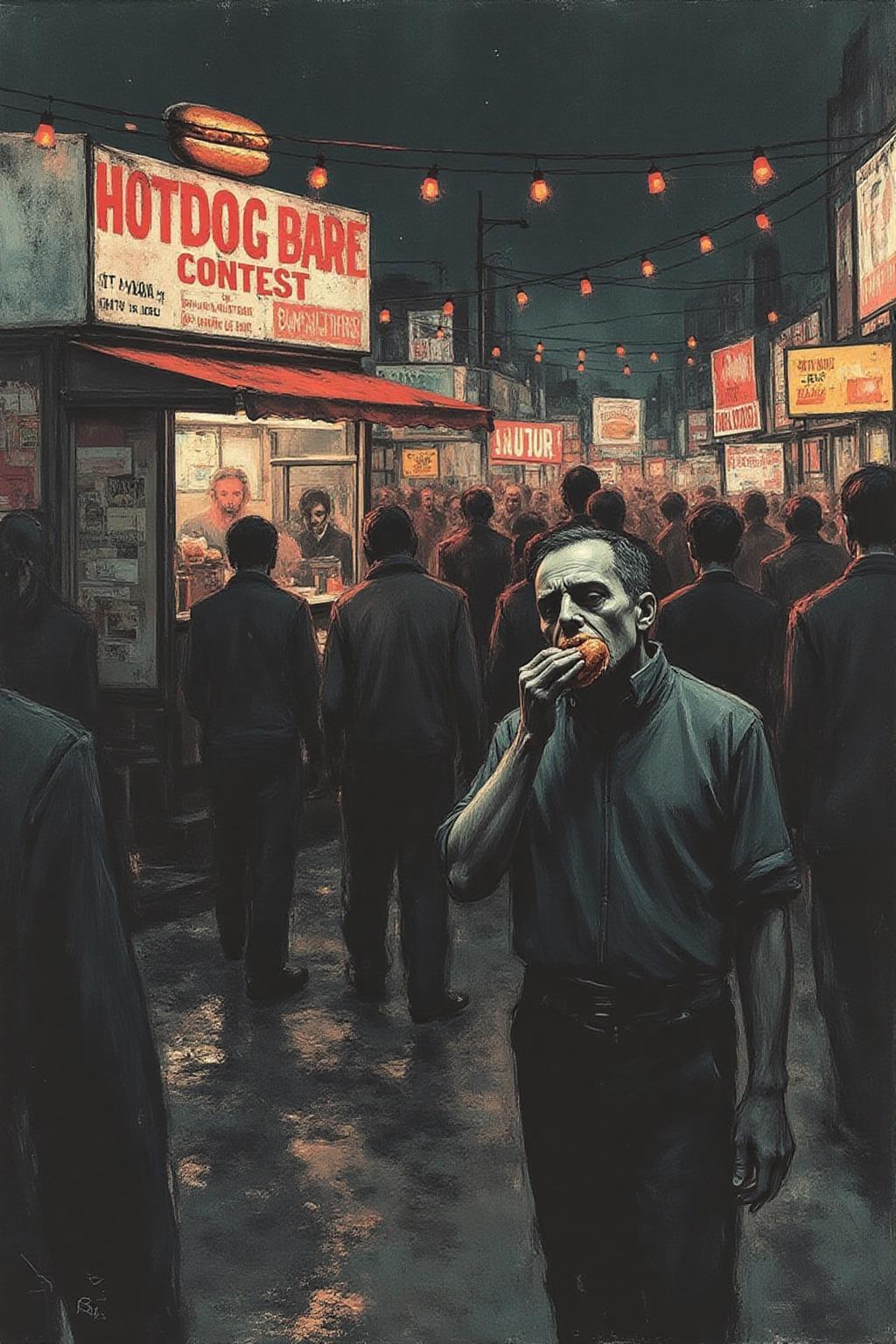 apoca1 illustration. 
A sad man eating at a hotdog contest. <lora:apocalypse_now4_nocap_d4a2:1.0><lora:803186883526991286:0>
