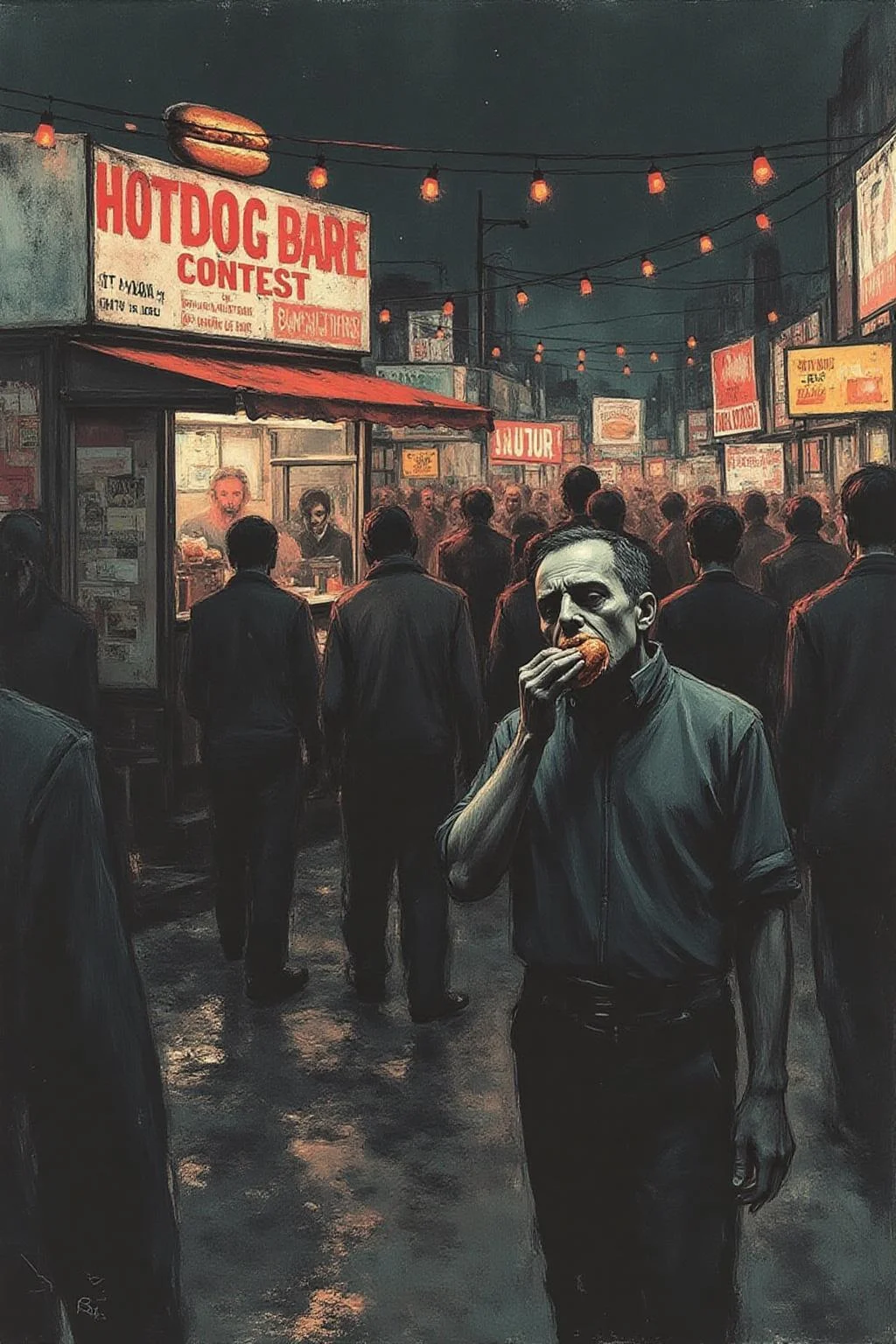 apoca1 illustration.
A sad man eating at a hotdog contest. <lora:apocalypse_now4_nocap_d4a2:1.0><lora:803186883526991286:0>