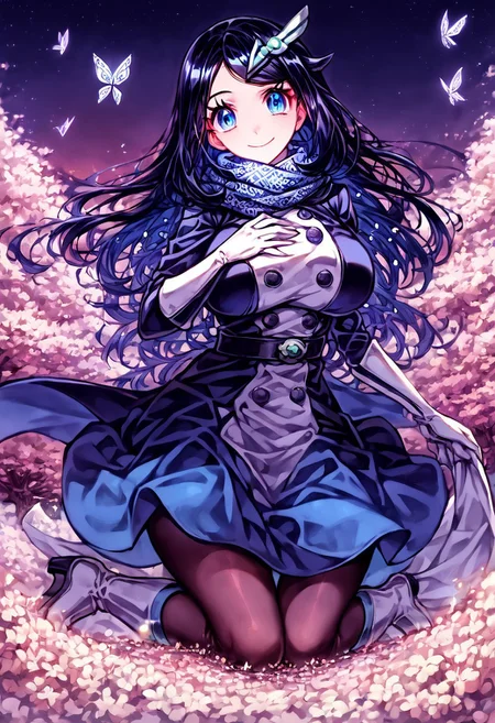 gorgeous lips, cinematic, (masterpiece), (best quality), (ultra-detailed), very aesthetic, perfect composition, intricate details, absurdres, detailed face, (anime, masterpiece, intricate:1.3), (best quality, hires textures, high detail:1.2), score_9, score_8_up, score_7_up, source_anime, 1girl, liko \(pokemon\), very long hair, black hair, blue highlights, blue eyes, eyelashes, hair ornament, scarf, dress, blue dress, long sleeves, buttons, gloves, white gloves, belt, pantyhose, black pantyhose, boots, white heel footwear, butterflies, skirt, floral patterns, alternate_costume, large breasts, facial expression, kind, soft eyes, head tilt, slightly smiling, closed mouth, hand on breasts, breasts covered, goddess, planet size, giantess, enormous body, growing even bigger, towering over cities, small planet, sitting on a big city, floating object, gradient eyes, beautiful detailed eyes, Chinatown background, Chinatown landscape, Chinatown, temples, outdoors, cherry blossom forest, small lakes, holding planet, (masterpiece:1.4), (best quality:1.4), (ultra-detailed:1.2), gl0w, glow,