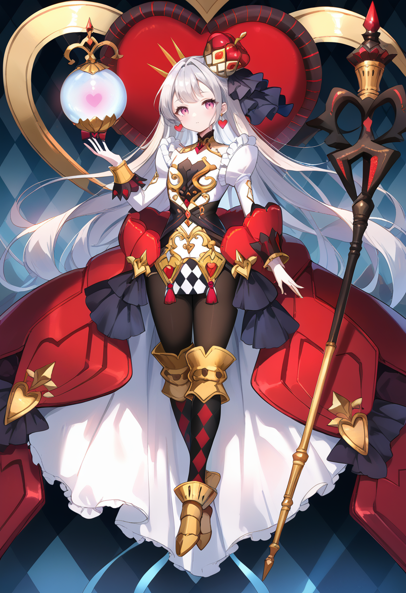 (score_9:0.9),score_8_up,score_7_up,rating_safe,anime style,(zPDXL),(zPDXL3),<lora:MALICE Queen Hearts of Crypter ponyXL v1:0.7>,mâlice queen hearts of crypter,1girl,solo,red crown,staff,heart earrings,looking at viewer,full body,metal orb,argyle background,floating,black pantyhose,gold armored boots,multicolored dress,small breasts,heart halo,