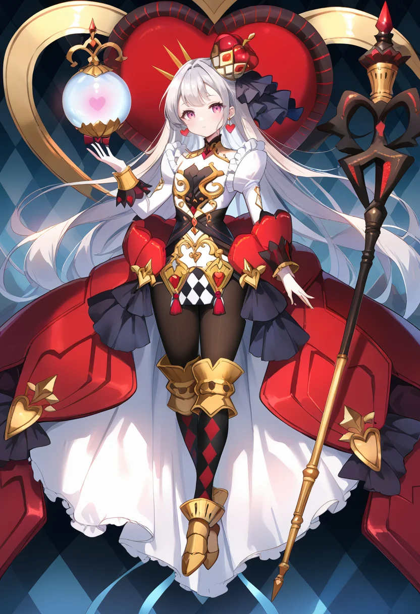 (score_9:0.9),score_8_up,score_7_up,rating_safe,anime style,(zPDXL),(zPDXL3),<lora:MALICE Queen Hearts of Crypter ponyXL v1:0.7>,mâlice queen hearts of crypter,1girl,solo,red crown,staff,heart earrings,looking at viewer,full body,metal orb,argyle background,floating,black pantyhose,gold armored boots,multicolored dress,small breasts,heart halo,