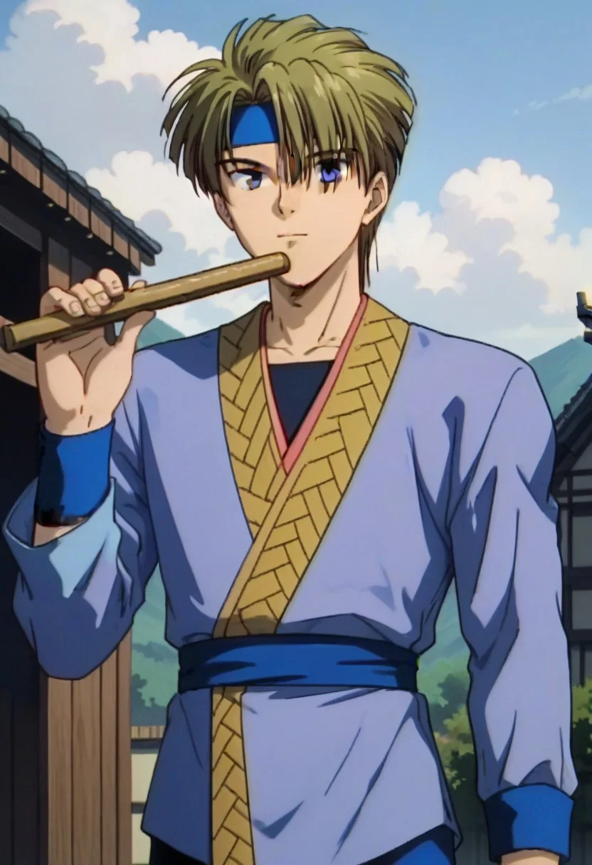 ((masterpiece)), ((best quality)), ((ultra-detailed)), ((absurdres)), score_9_up, score_8_up, score_7_up,
HD, top quality, best quality, amazing quality, High-quality illustrations, anime screencap, source_anime, best aesthetic, perfect proportions, perfect eyes, 1boy, 1male, solo boy, solo male, male focus, solo male focus, Anime, boy, male anime character, anime boy, handsome, attractive, cute, charming, sexy, hot, ((tall, tall height, tall body)), ((slim body, slender body, lean body)), Amiboshi, green-yellow hair, blue eyes, blue headband, chinese outfit, light purple outfit, blue wristbands, blue pants, ((cowboy shot, half body shot, head to hips shot)), ((holding wooden flute, playing wooden flute))