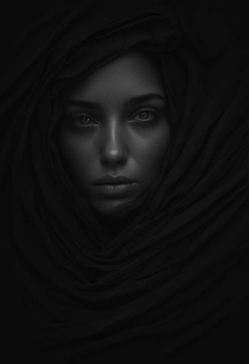 minimalist black background, exquisite, The woman's face emerges, her eyes tell a story of numbness, partially covered by flowing fabric, ultra-realistic precision, detailed high resolution, tranquil aura, a realm of calm, beautiful minimalist abstraction, human psyche.