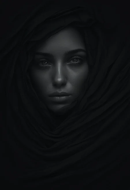 minimalist black background, exquisite, The woman's face emerges, her eyes tell a story of numbness, partially covered by flowing fabric, ultra-realistic precision, detailed high resolution, tranquil aura, a realm of calm, beautiful minimalist abstraction, human psyche.