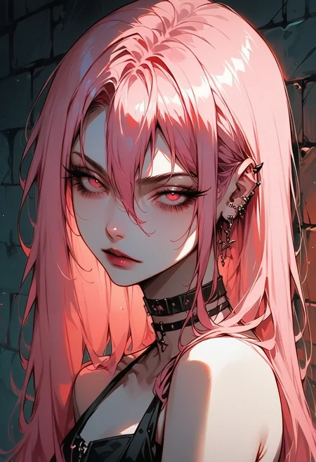 zPDXL3, score_9, score_8_up, score_7_up, 2d, (source_anime), 1girl, adult, pale skin, pale pink hair, long hair, (straight hair), hair between the eyes, bare shoulders, choker, pink eyes, half closed eyes, sharp facial features, black makeup, portrait, wall background, pale colors, looking at viewer, looking up, <lora:add-detail-xl:0.4> , <lora:g0th1cPXL:0.3>, <lora:Goth_girl_XL-v2:0.8>,  <lora:GDXLP:0.8>